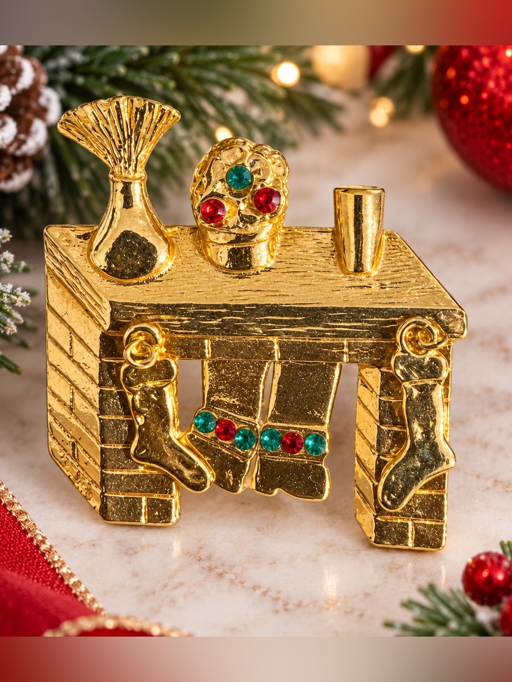 Vintage Christmas Fireplace Brooch Gold Tone Rhinestone Holiday Pin